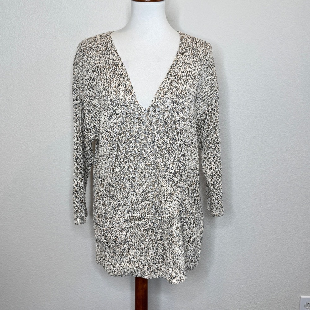J. JILL Deep V-Neck Open Knit Tunic Sweater MED Tweed Earth Tones‎ Fall Casual